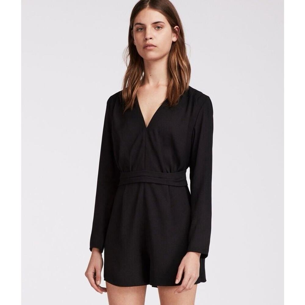 Allsaints Karine Playsuit Black Deep V-Neck Wrap-Over Belt Romper Size 6 - Picture 1 of 11